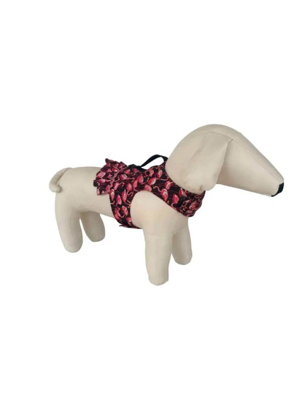 Handmade Small Dog Adjustable Dress Outfit w Harness Flamingo Black Pink Print